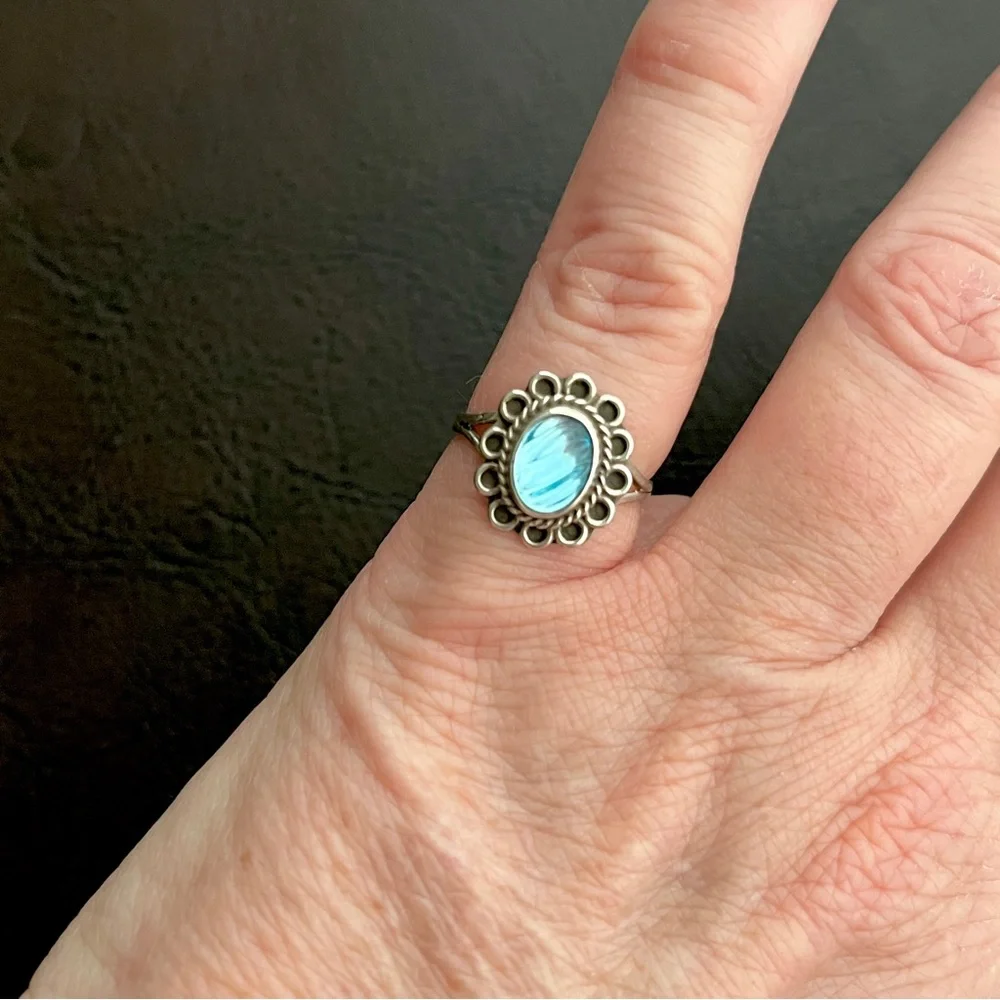Vintage Taxco Mexico sterling silver carved glass ring Size 5.75